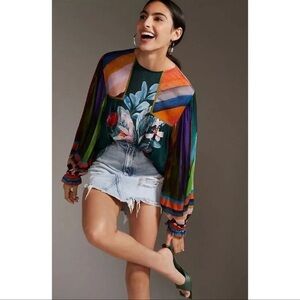 NWT $128 Bl^nk London x Anthropologie MIRANDA PEASANT XXS Green Eclectic Blouse